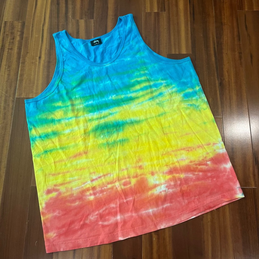 Stussy Tie Dye Tank Top Men Rainbow Blue Yellow Red Streetwear Relaxed Fit XL